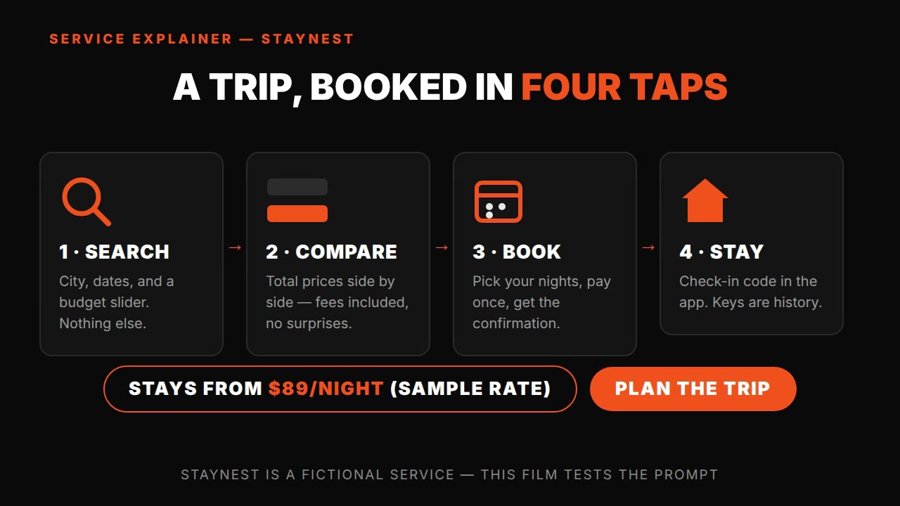 Service explainer — HyperFrames prompt (four-tap booking flow, drawn icons)